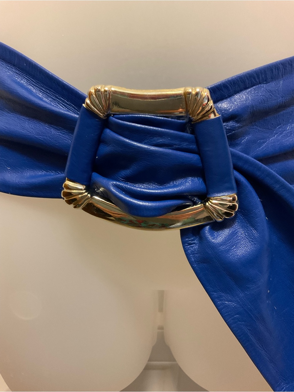 Vintage Belt Leather Shop 1987 statement gold buckle blue - Picture 2 of 5